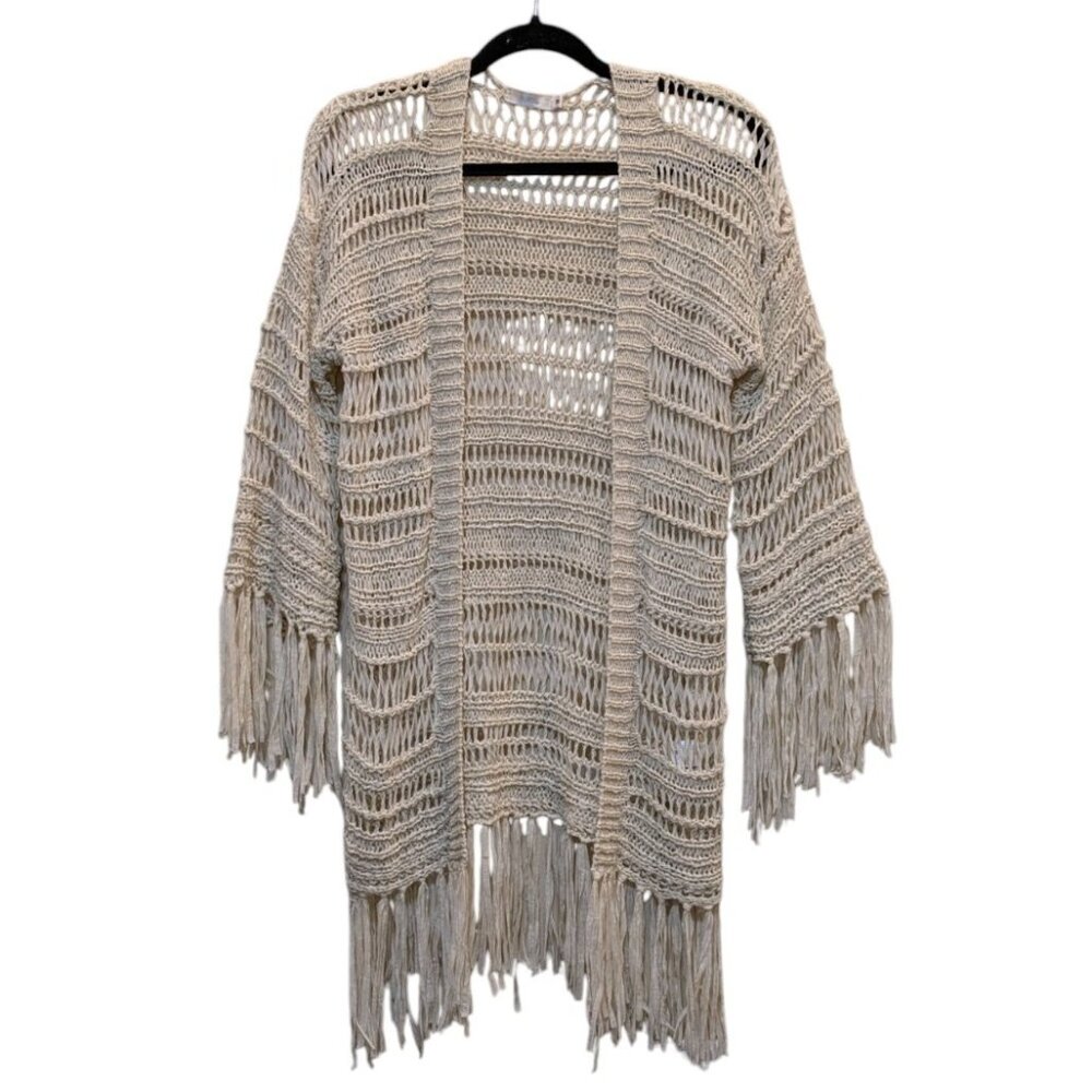 Millau Open Front Lace Cardigan Long Fringe Medium Cream‎